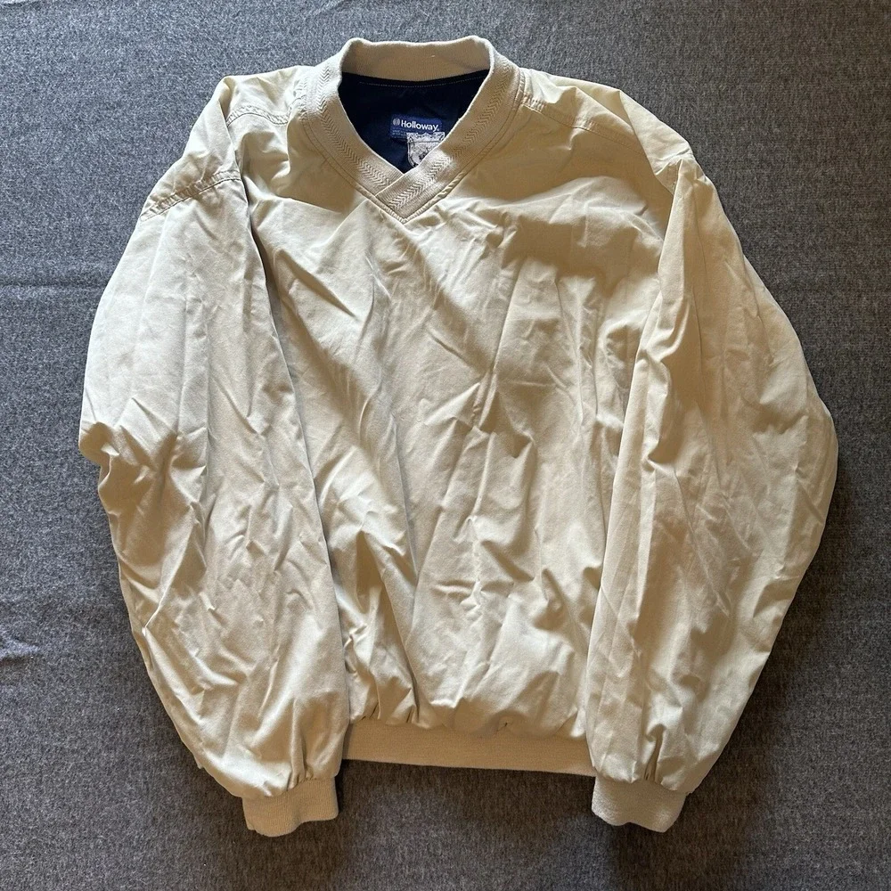Vintage Holloway Large Beige Sports Pullover Windbreaker Lined‎ V-Neck Schaffer